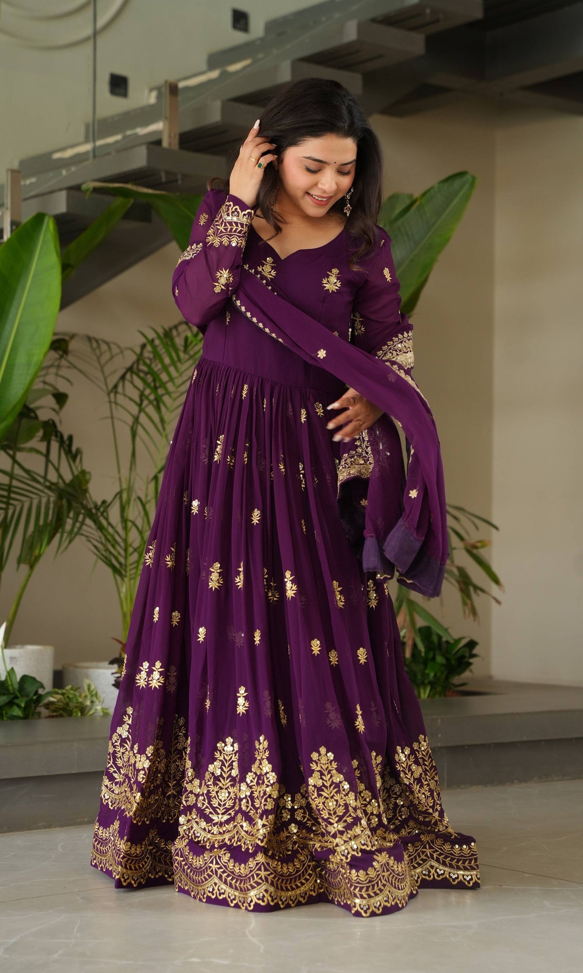 Vedant Vastram Georgette Embroidery & Sequence Work Stitched Ethnic Gown-Purple | Grocsy
