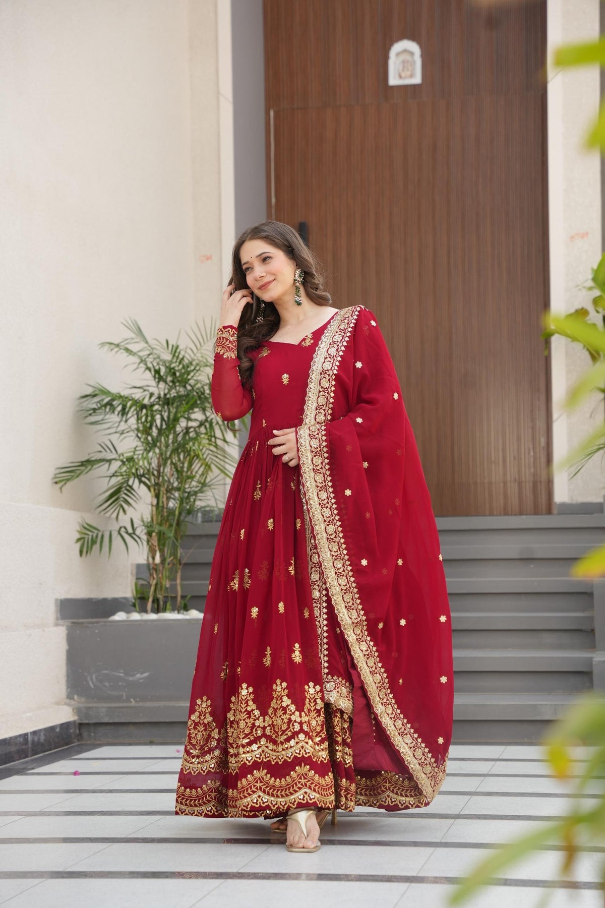Prazu Fashion Maroon Georgette With Rich Zari & Sequins Embroidered Gown With Dupatta. | Grocsy