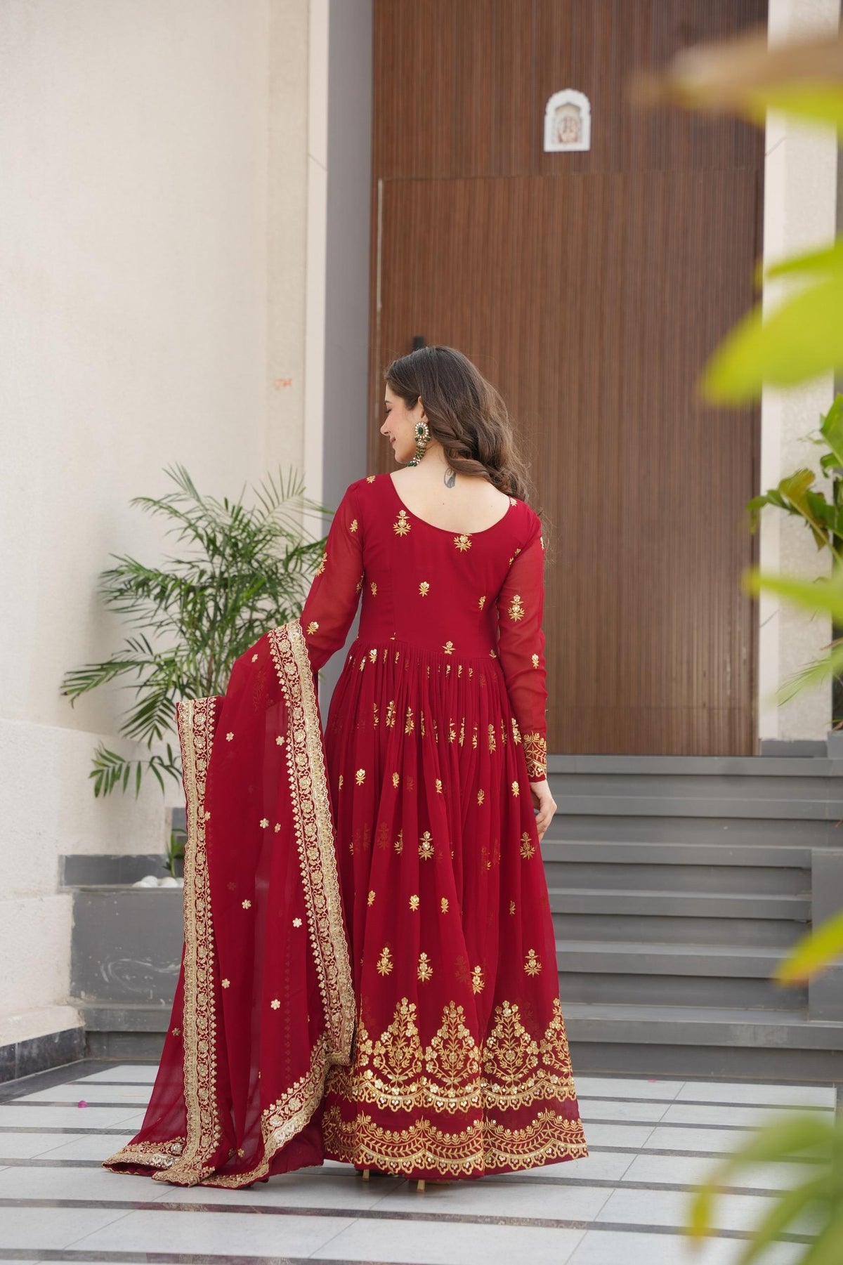 Prazu Fashion Maroon Georgette With Rich Zari & Sequins Embroidered Gown With Dupatta. | Grocsy
