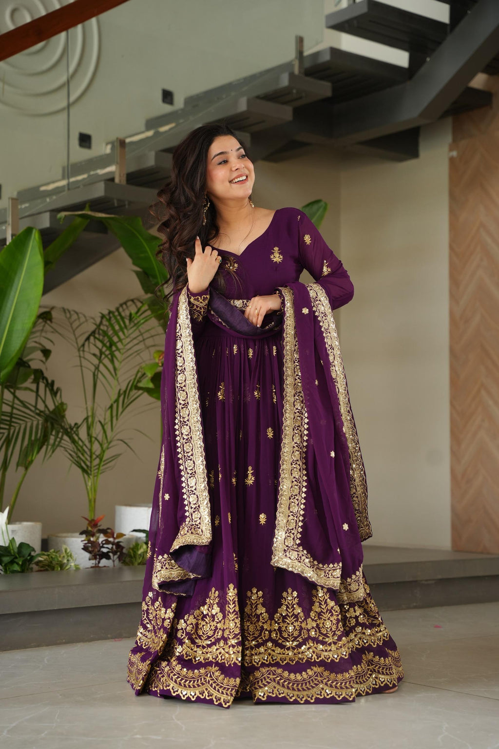 Prazu Fashion Purple Georgette With Rich Zari & Sequins Embroidered Gown With Dupatta. | Grocsy