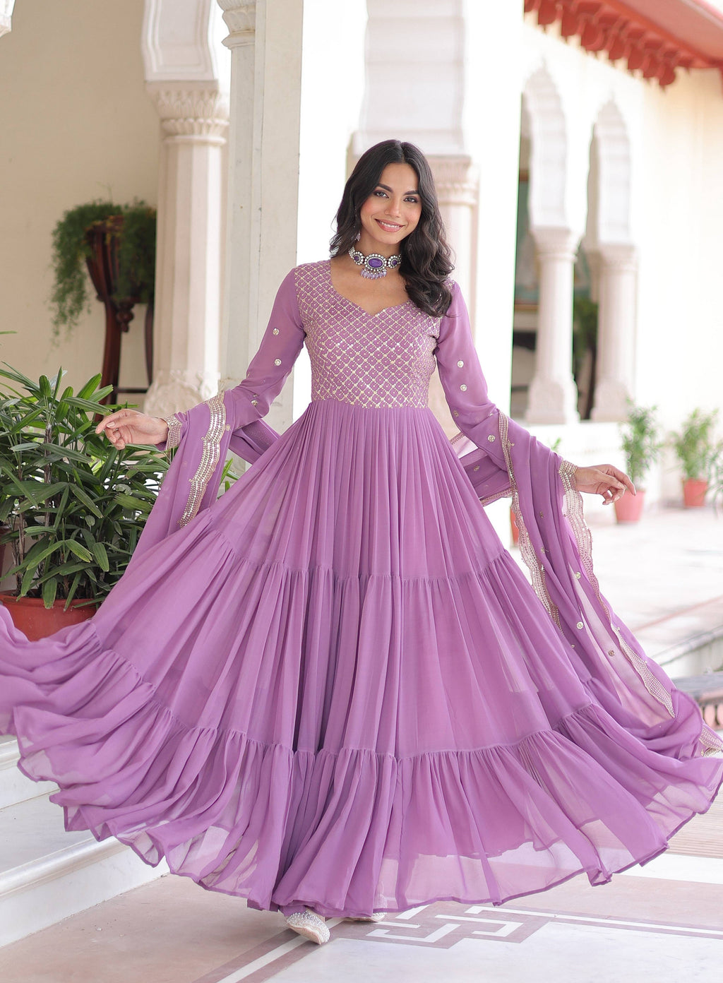 Vedant Vastram Georgette Embroidery & Sequence Work Stitched Ethnic Gown-Purple | Grocsy