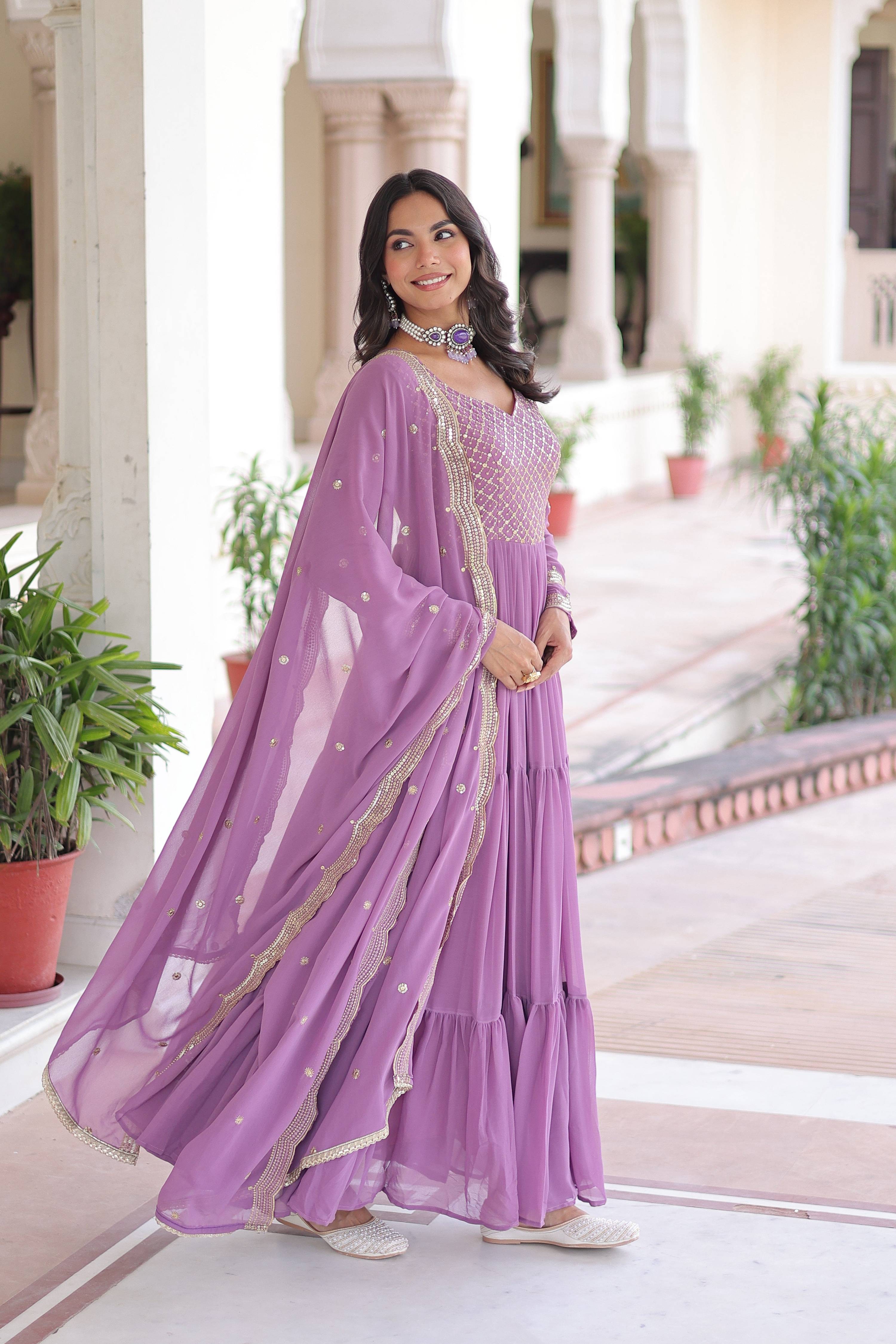 Vedant Vastram Georgette Embroidery & Sequence Work Stitched Ethnic Gown-Purple | Grocsy
