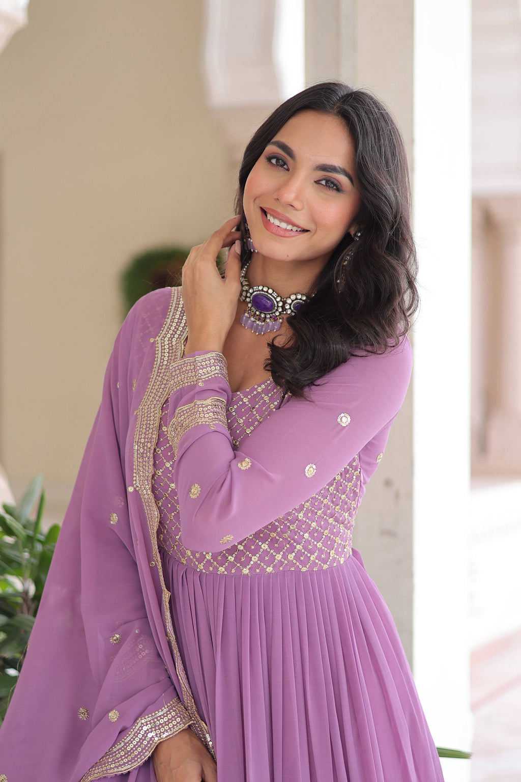 Vedant Vastram Georgette Embroidery & Sequence Work Stitched Ethnic Gown-Purple | Grocsy