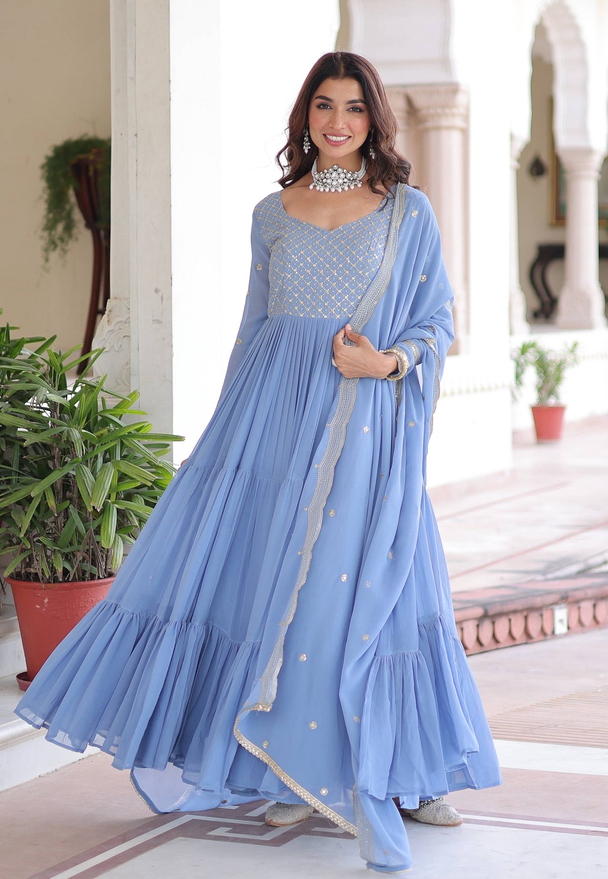 Vedant Vastram Georgette Embroidery & Sequence Work Stitched Ethnic Gown-Sky Blue | Grocsy