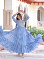 Vedant Vastram Georgette Embroidery & Sequence Work Stitched Ethnic Gown-Sky Blue | Grocsy