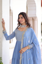 Vedant Vastram Georgette Embroidery & Sequence Work Stitched Ethnic Gown-Sky Blue | Grocsy