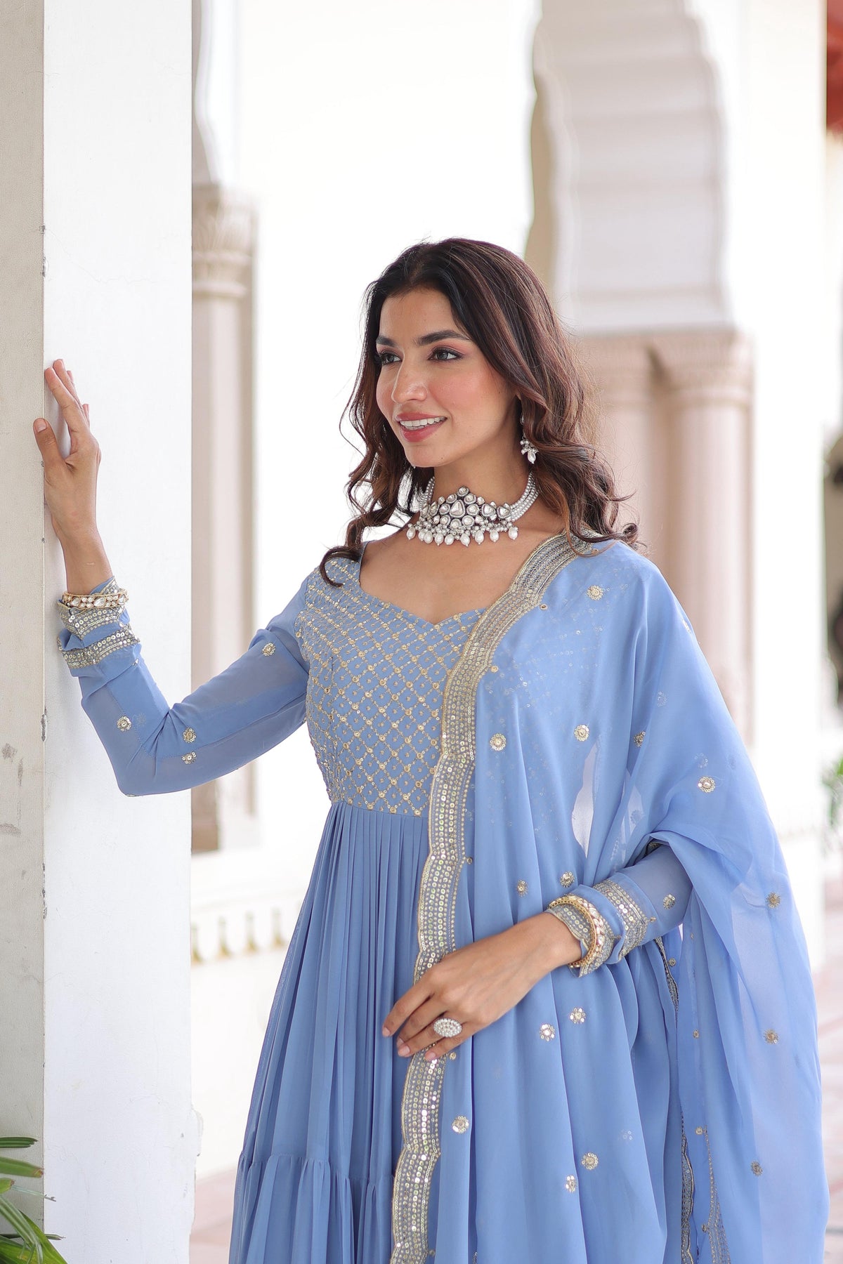 Vedant Vastram Georgette Embroidery & Sequence Work Stitched Ethnic Gown-Sky Blue | Grocsy