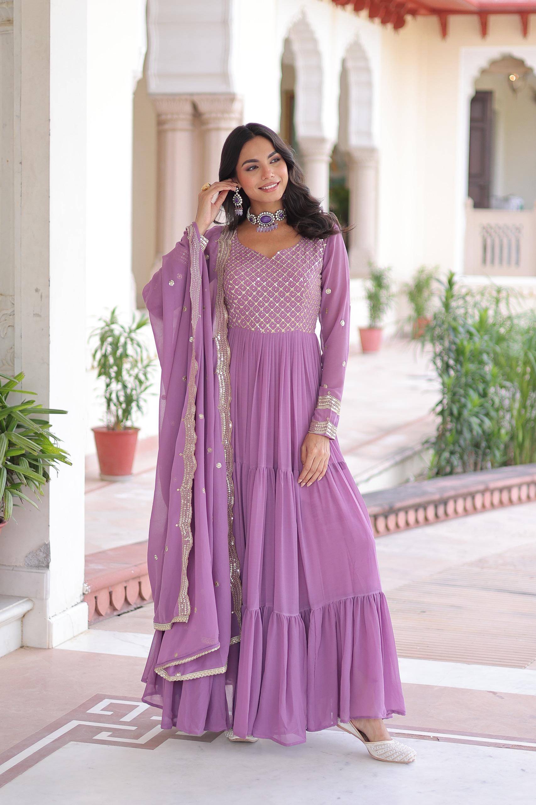 Prazu Fashion Onion Pink Faux Georgette With Sequins & Zari Embroidered Gown With Dupatta | Grocsy