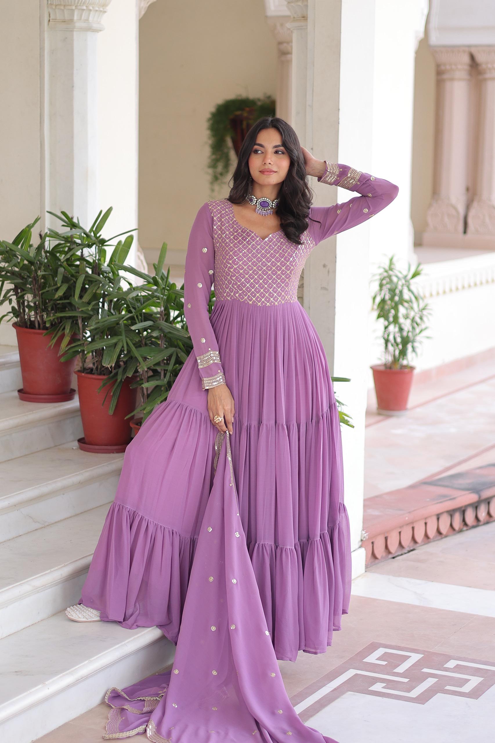 Prazu Fashion Onion Pink Faux Georgette With Sequins & Zari Embroidered Gown With Dupatta | Grocsy