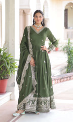 Vedant Vastram Vichitra Silk Embroidery & Sequence Work Stitched Ethnic Gown-Green | Grocsy