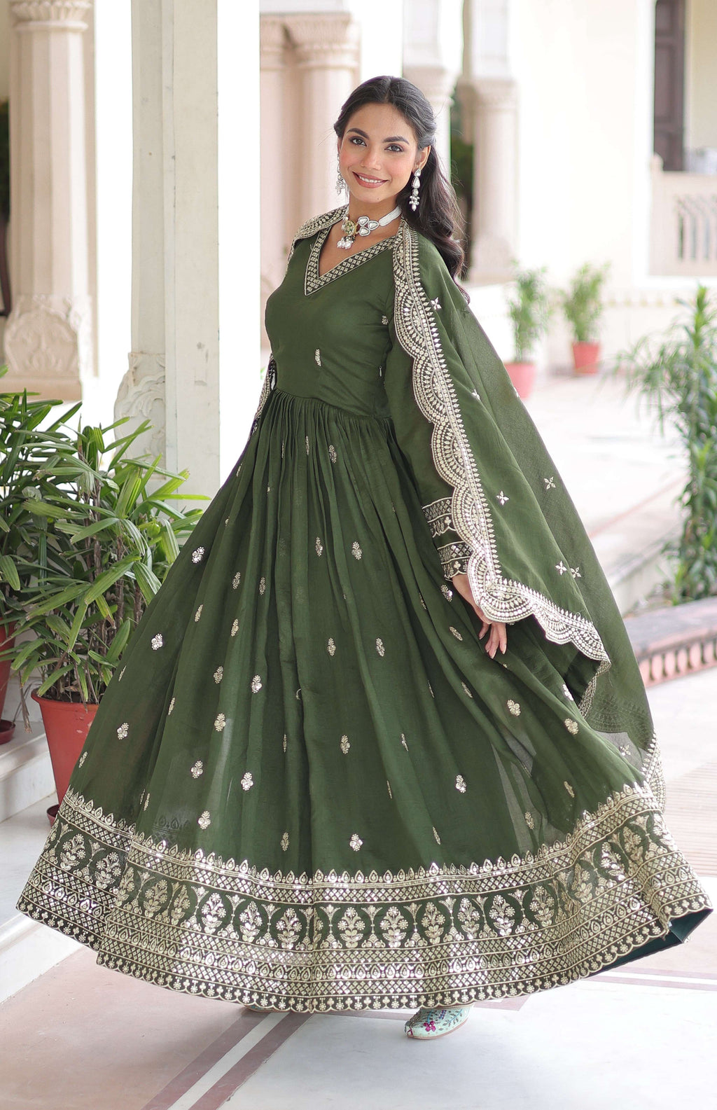 Vedant Vastram Vichitra Silk Embroidery & Sequence Work Stitched Ethnic Gown-Green | Grocsy