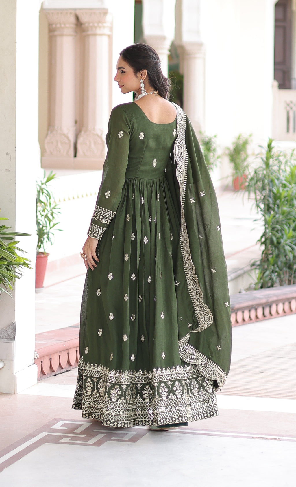 Vedant Vastram Vichitra Silk Embroidery & Sequence Work Stitched Ethnic Gown-Green | Grocsy