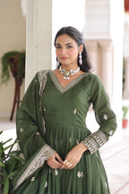 Vedant Vastram Vichitra Silk Embroidery & Sequence Work Stitched Ethnic Gown-Green | Grocsy