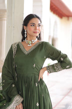 Vedant Vastram Vichitra Silk Embroidery & Sequence Work Stitched Ethnic Gown-Green | Grocsy