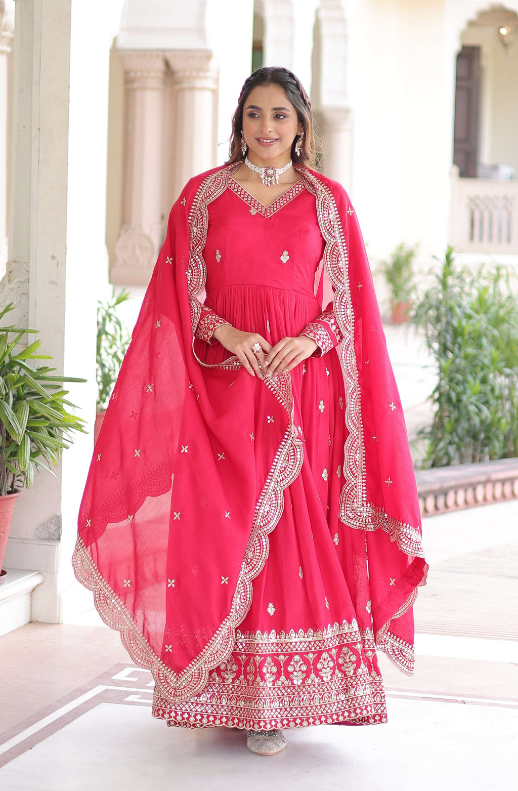 Vedant Vastram Vichitra Silk Embroidery & Sequence Work Stitched Ethnic Gown-Pink | Grocsy