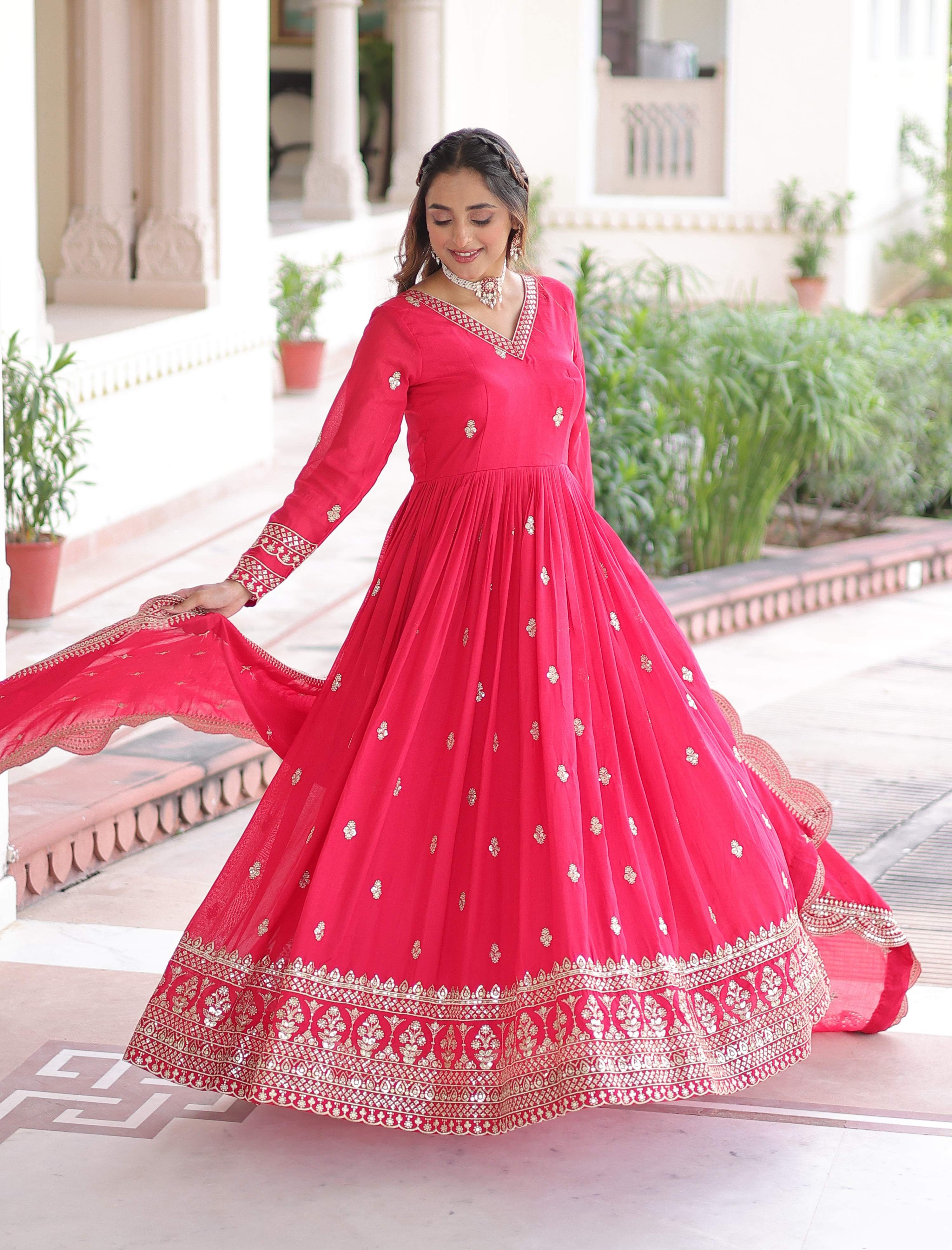 Vedant Vastram Vichitra Silk Embroidery & Sequence Work Stitched Ethnic Gown-Pink | Grocsy
