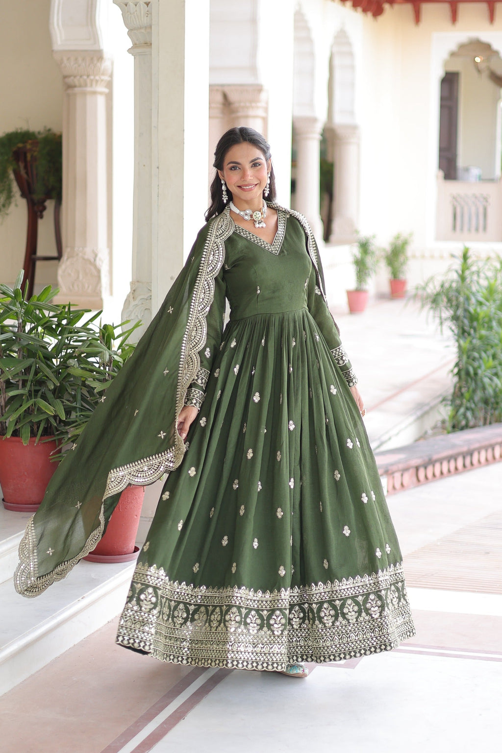 Prazu Fashion Mehendi Vichitra Silk Rich Sequins & Zari Embroidered Gown With Dupatta | Grocsy