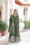 Prazu Fashion Mehendi Vichitra Silk Rich Sequins & Zari Embroidered Gown With Dupatta | Grocsy