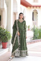 Prazu Fashion Mehendi Vichitra Silk Rich Sequins & Zari Embroidered Gown With Dupatta | Grocsy