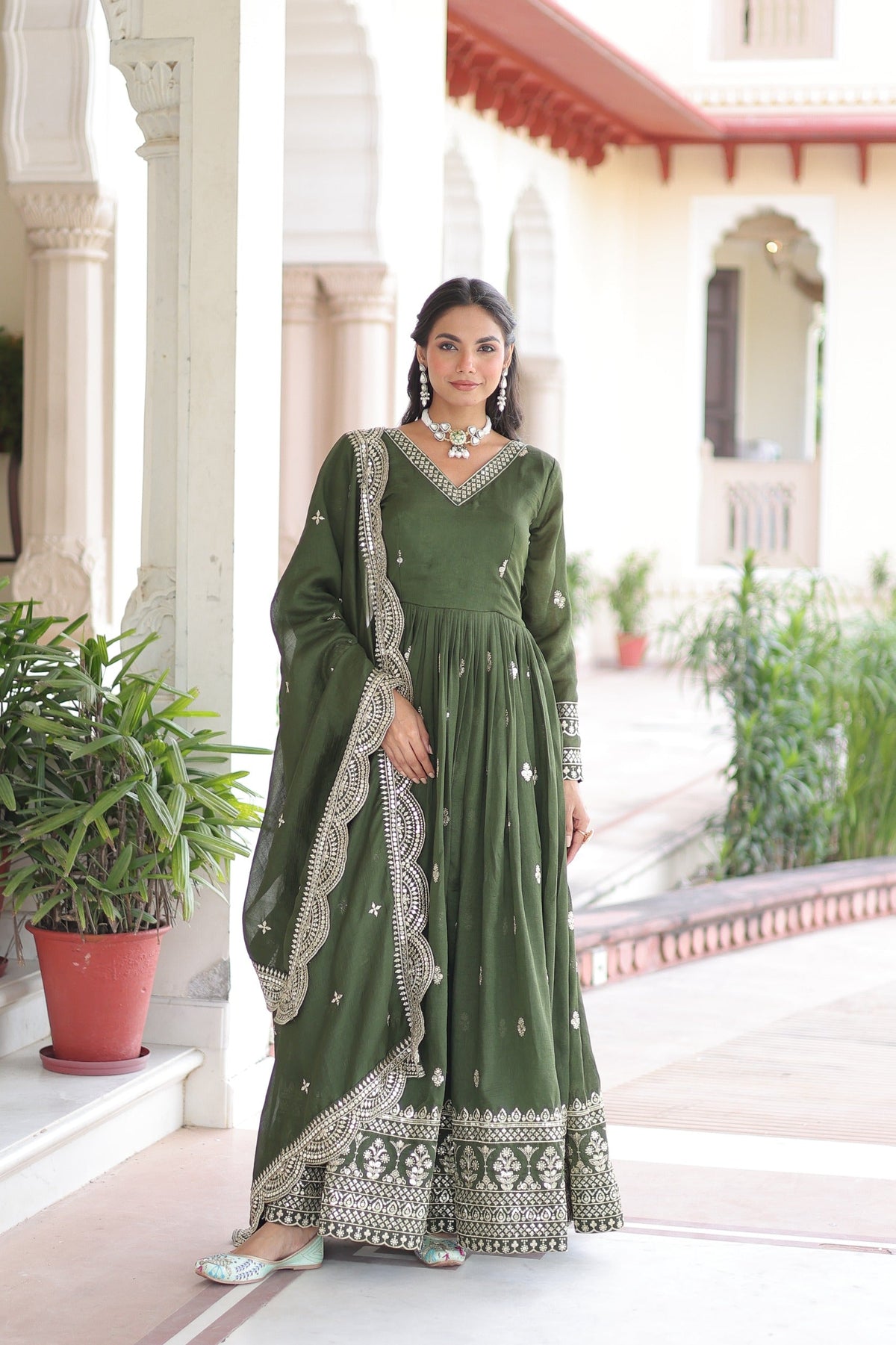 Prazu Fashion Mehendi Vichitra Silk Rich Sequins & Zari Embroidered Gown With Dupatta | Grocsy