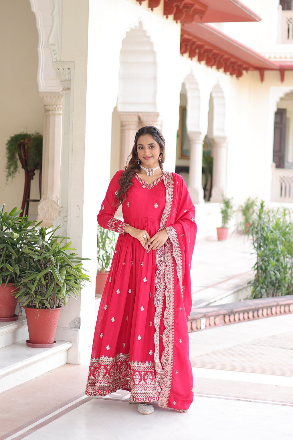 Prazu Fashion Rani Pink Vichitra Silk Rich Sequins & Zari Embroidered Gown With Dupatta | Grocsy