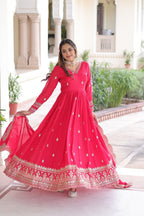 Prazu Fashion Rani Pink Vichitra Silk Rich Sequins & Zari Embroidered Gown With Dupatta | Grocsy