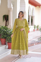 Lehenga Mart Premium Readymade Gown With Dupatta Set For Women-Mehendi Green | Grocsy