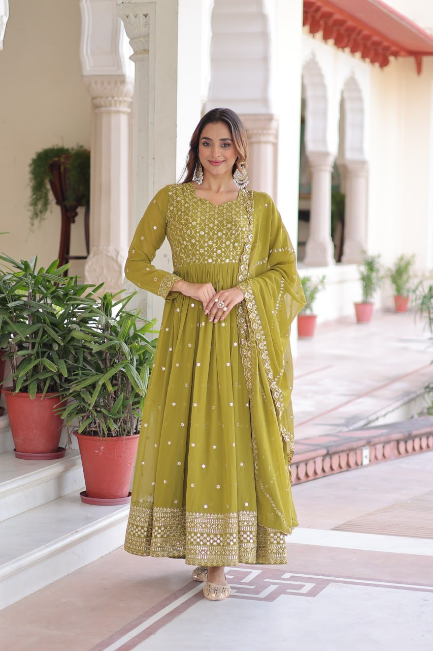 Lehenga Mart Premium Readymade Gown With Dupatta Set For Women-Mehendi Green | Grocsy