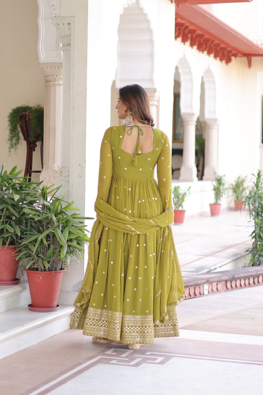 Lehenga Mart Premium Readymade Gown With Dupatta Set For Women-Mehendi Green | Grocsy