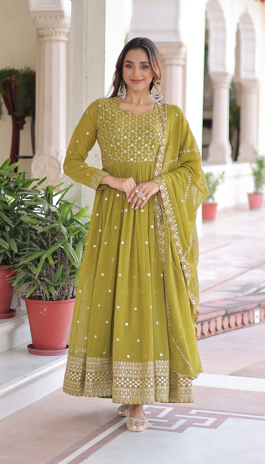 Vedant Vastram Georgette Embroidery & Sequence Work Stitched Ethnic Gown-Parrot Green | Grocsy