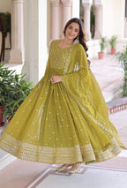 Vedant Vastram Georgette Embroidery & Sequence Work Stitched Ethnic Gown-Parrot Green | Grocsy