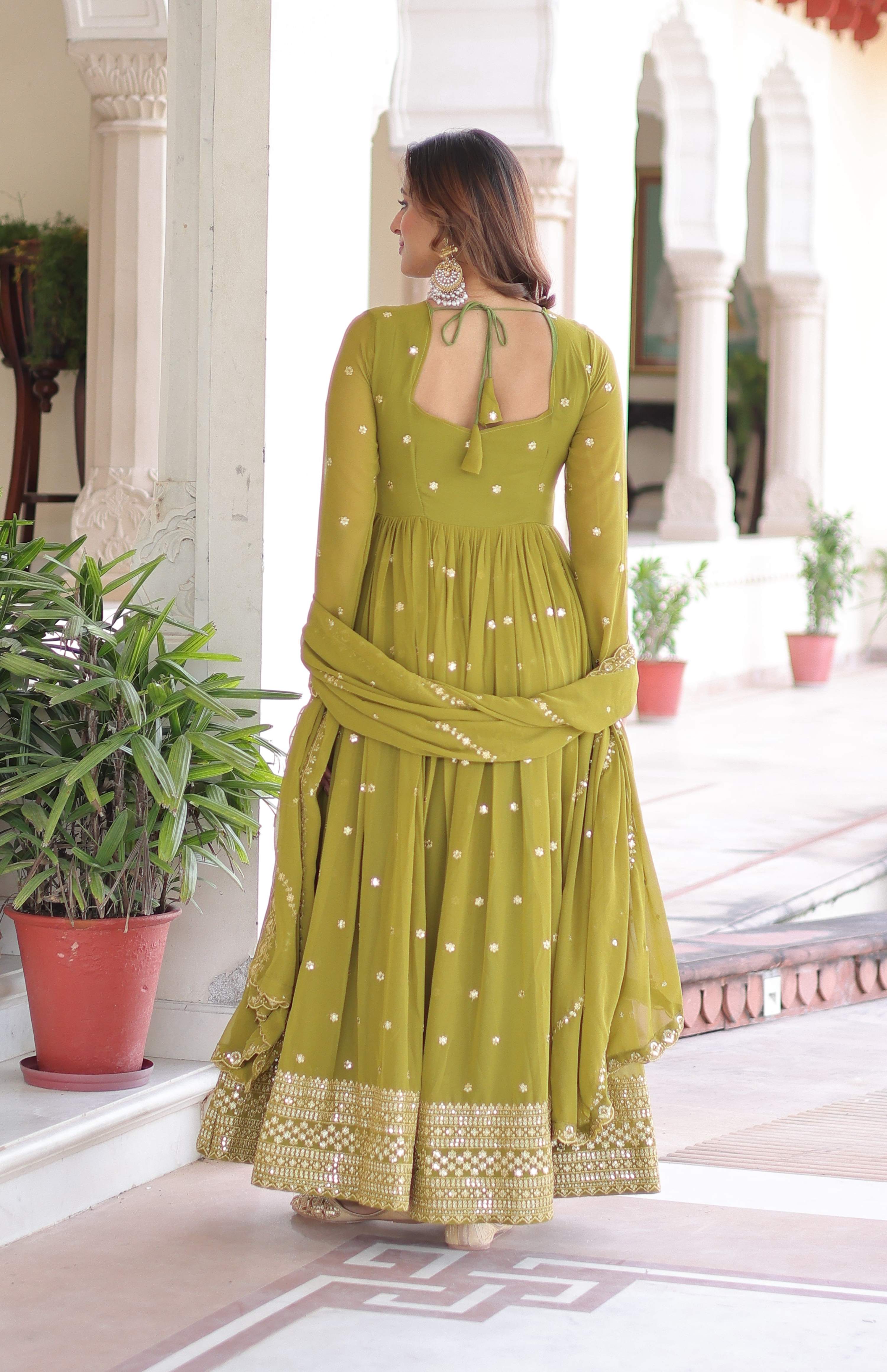 Vedant Vastram Georgette Embroidery & Sequence Work Stitched Ethnic Gown-Parrot Green | Grocsy