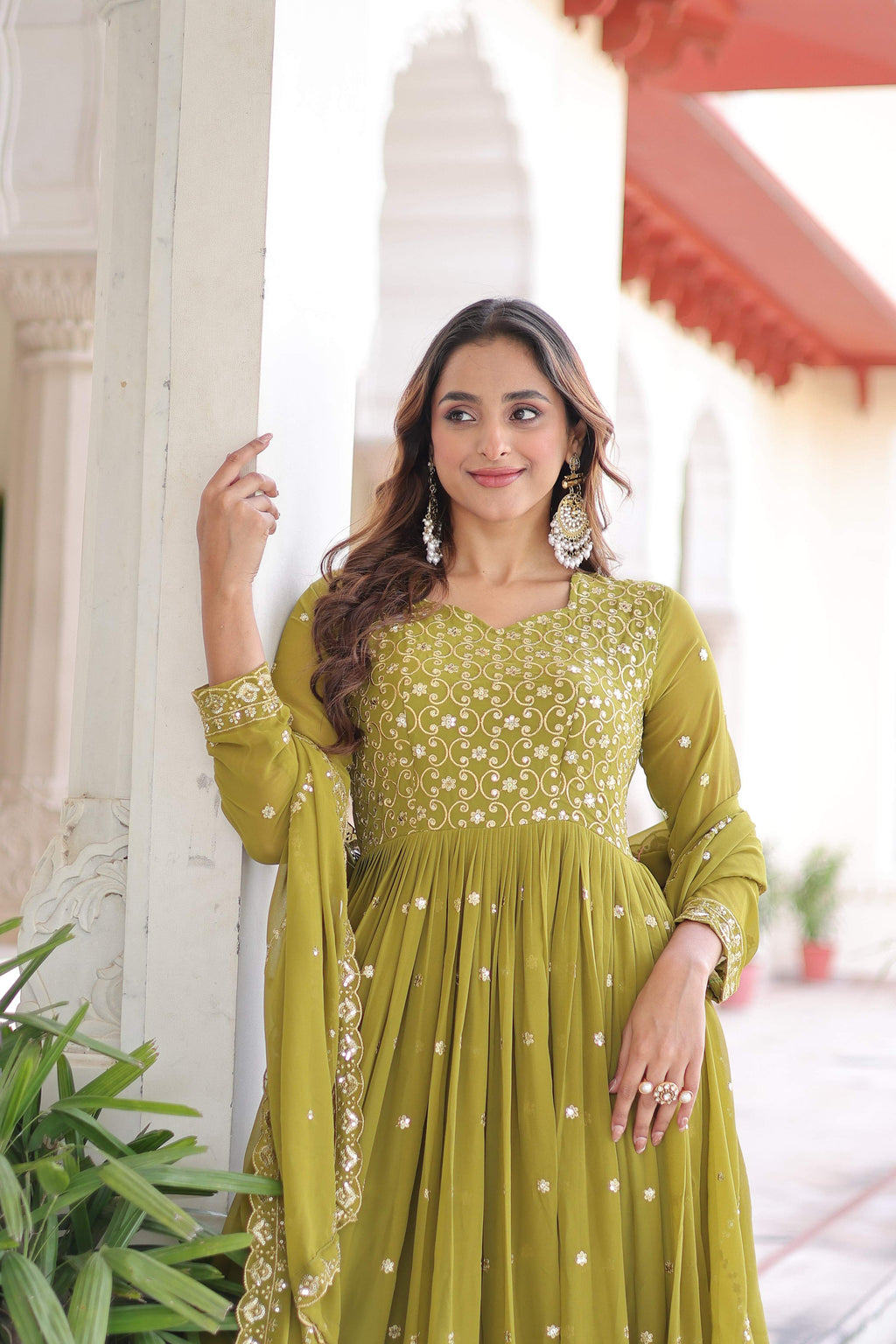 Vedant Vastram Georgette Embroidery & Sequence Work Stitched Ethnic Gown-Parrot Green | Grocsy