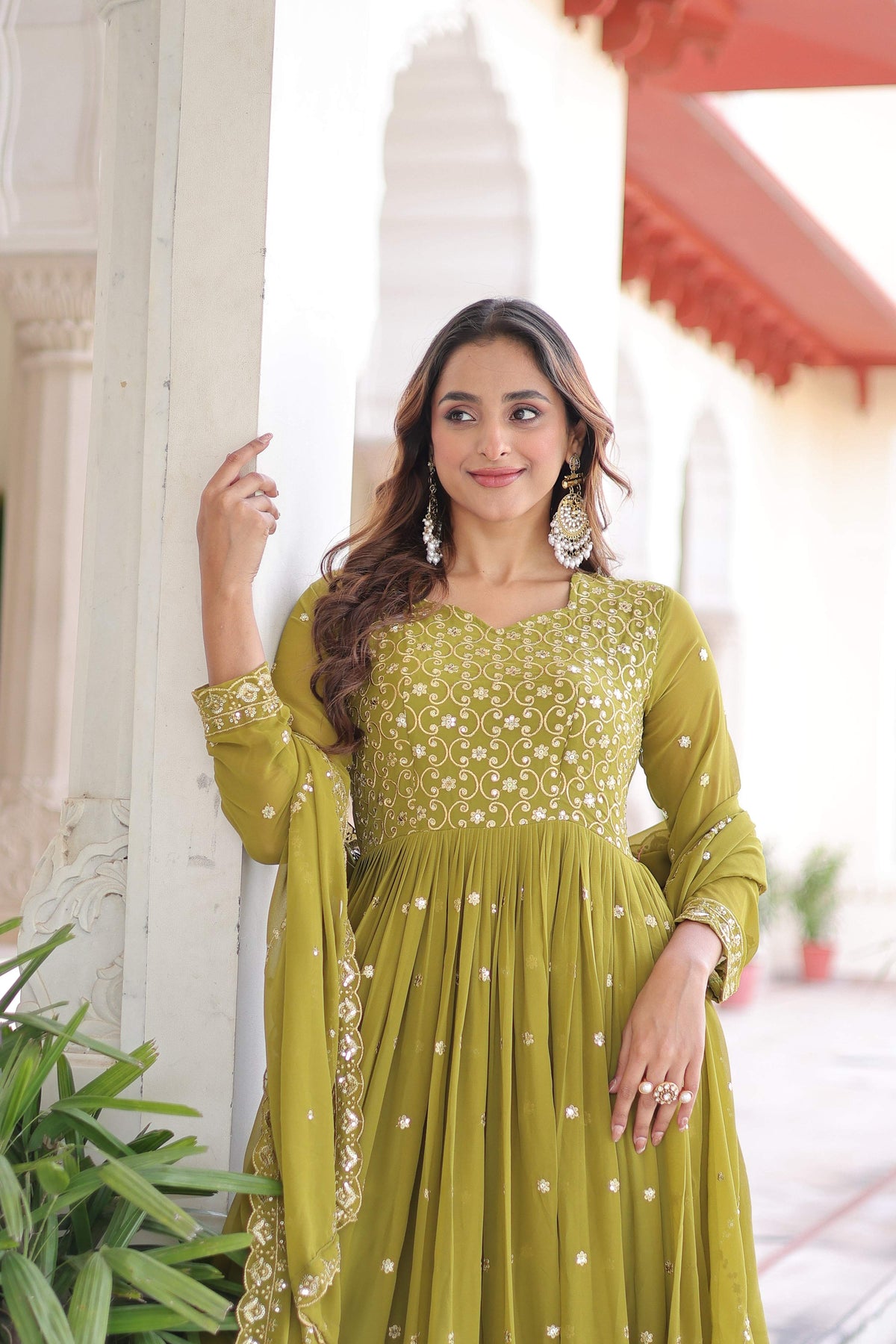 Vedant Vastram Georgette Embroidery & Sequence Work Stitched Ethnic Gown-Parrot Green | Grocsy