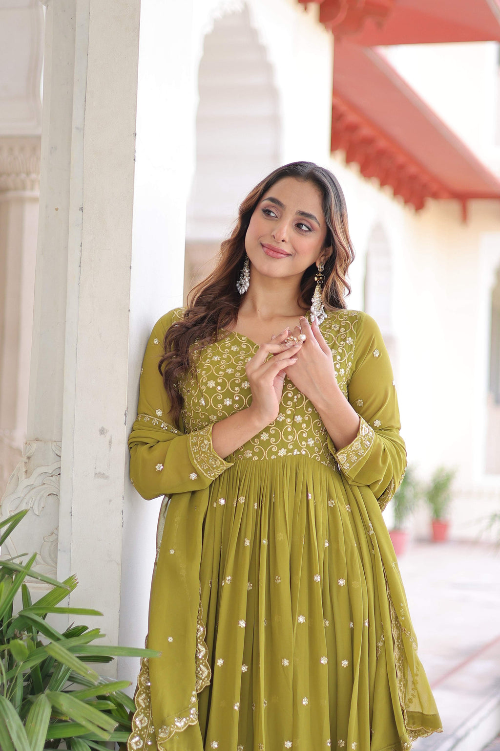 Vedant Vastram Georgette Embroidery & Sequence Work Stitched Ethnic Gown-Parrot Green | Grocsy
