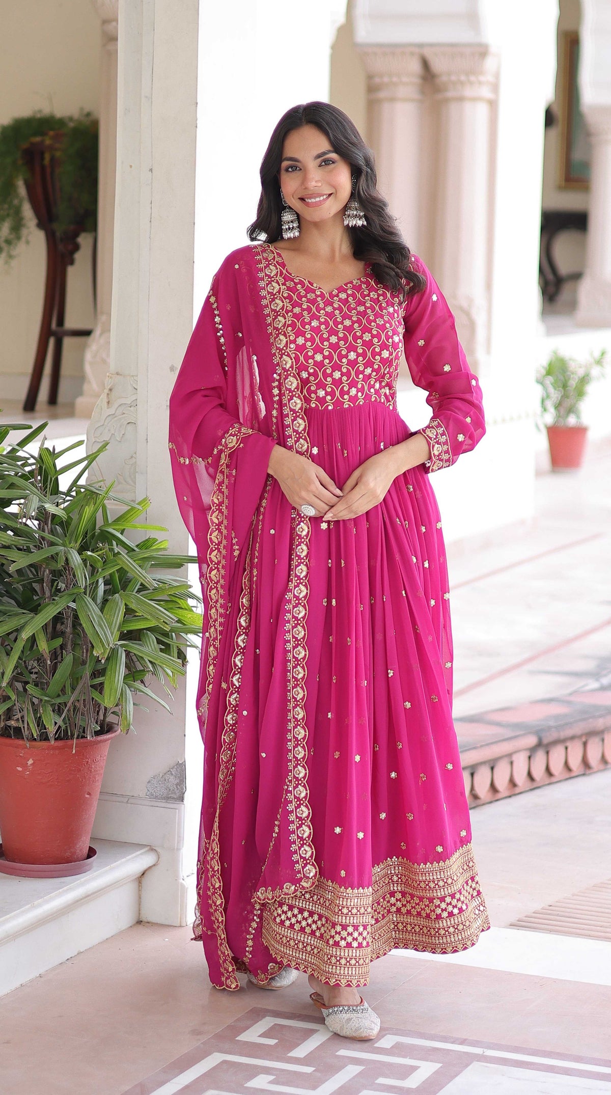 Vedant Vastram Georgette Embroidery & Sequence Work Stitched Ethnic Gown-Pink | Grocsy