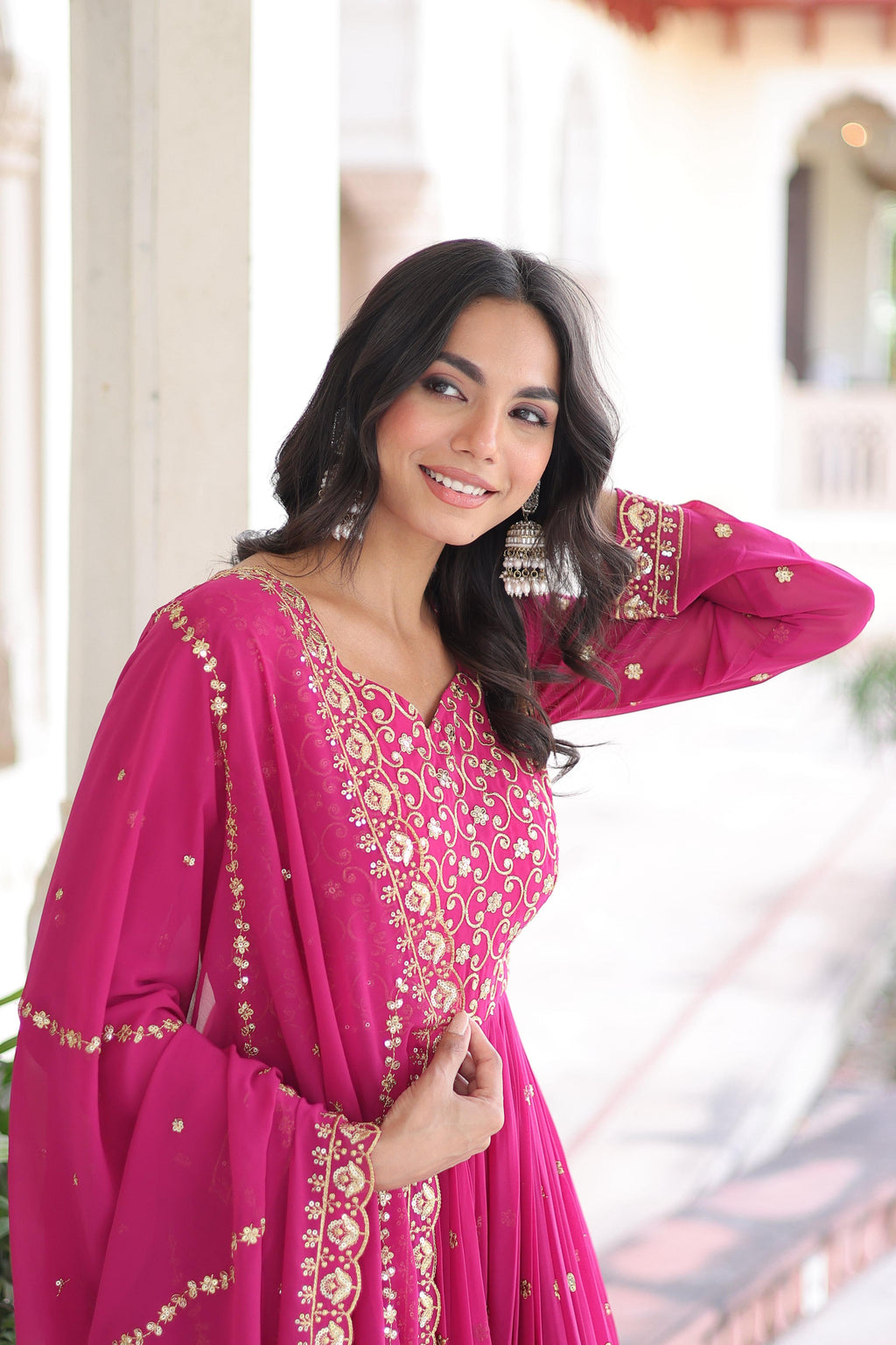 Vedant Vastram Georgette Embroidery & Sequence Work Stitched Ethnic Gown-Pink | Grocsy
