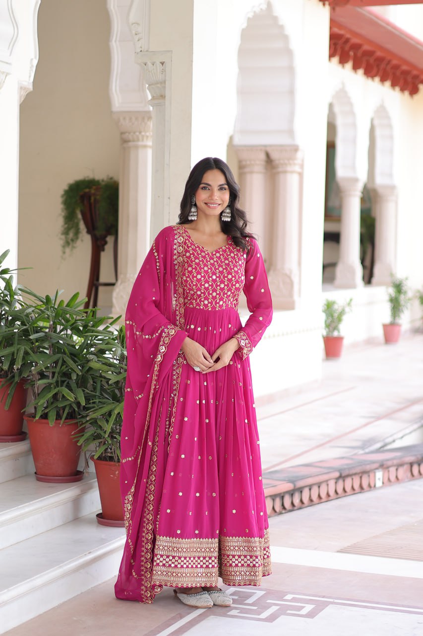 Lehenga Mart Premium Readymade Gown With Dupatta Set For Women-Rani Pink | Grocsy