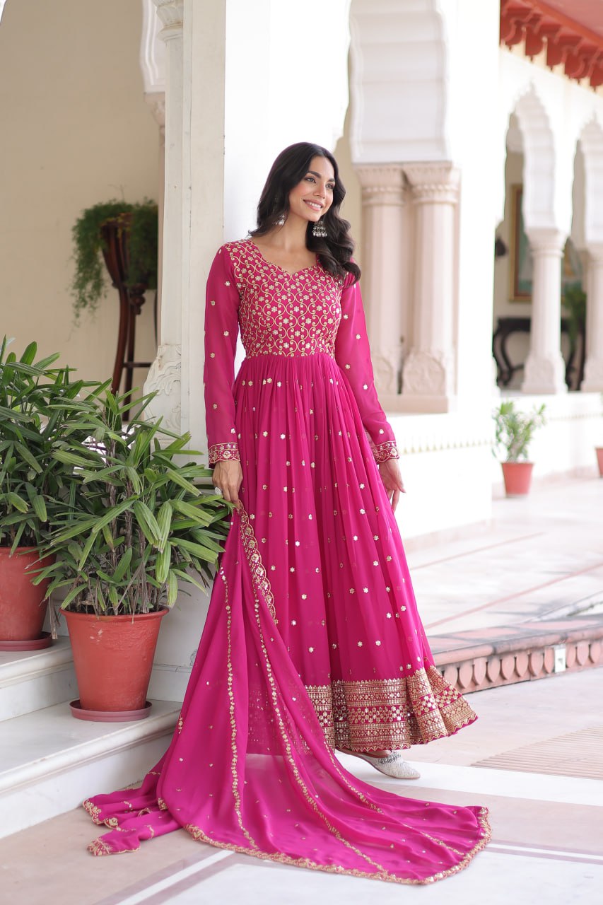 Lehenga Mart Premium Readymade Gown With Dupatta Set For Women-Rani Pink | Grocsy