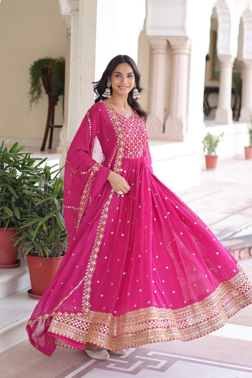 Lehenga Mart Premium Readymade Gown With Dupatta Set For Women-Rani Pink | Grocsy