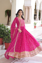 Lehenga Mart Premium Readymade Gown With Dupatta Set For Women-Rani Pink | Grocsy