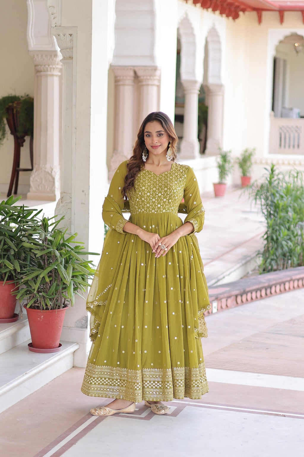 Prazu Fashion Mahendi Green Georgette Rich Sequins & Zari Embroidered Gown With Dupatta | Grocsy