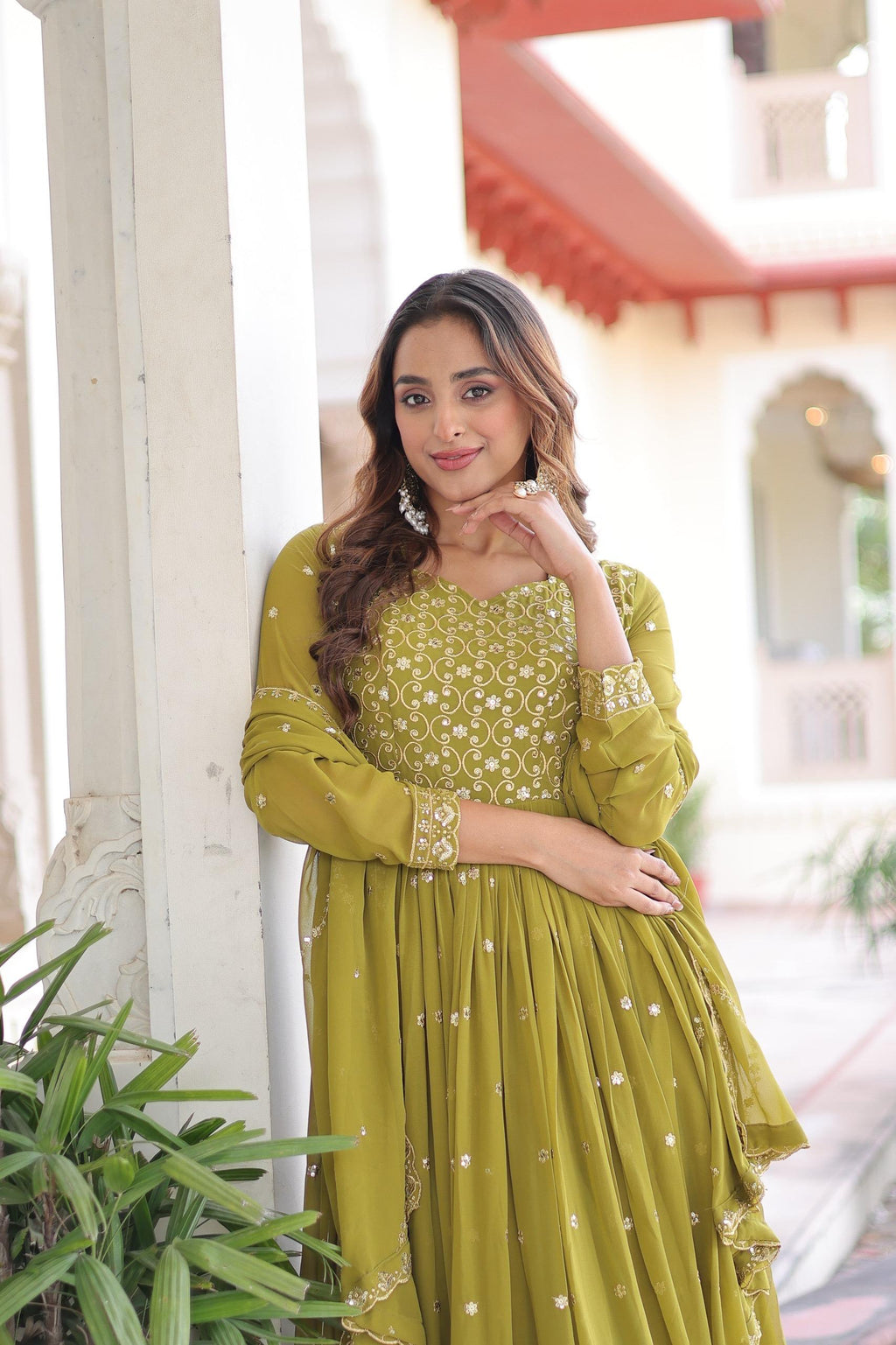 Prazu Fashion Mahendi Green Georgette Rich Sequins & Zari Embroidered Gown With Dupatta | Grocsy