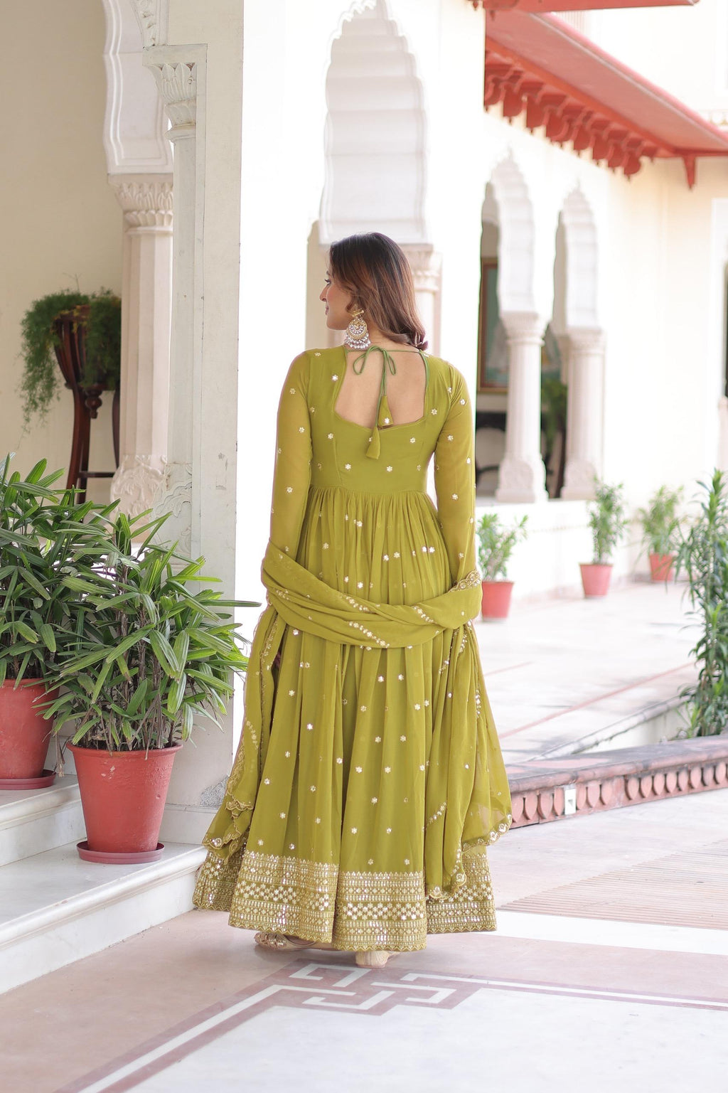 Prazu Fashion Mahendi Green Georgette Rich Sequins & Zari Embroidered Gown With Dupatta | Grocsy