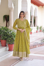 Prazu Fashion Mahendi Green Georgette Rich Sequins & Zari Embroidered Gown With Dupatta | Grocsy