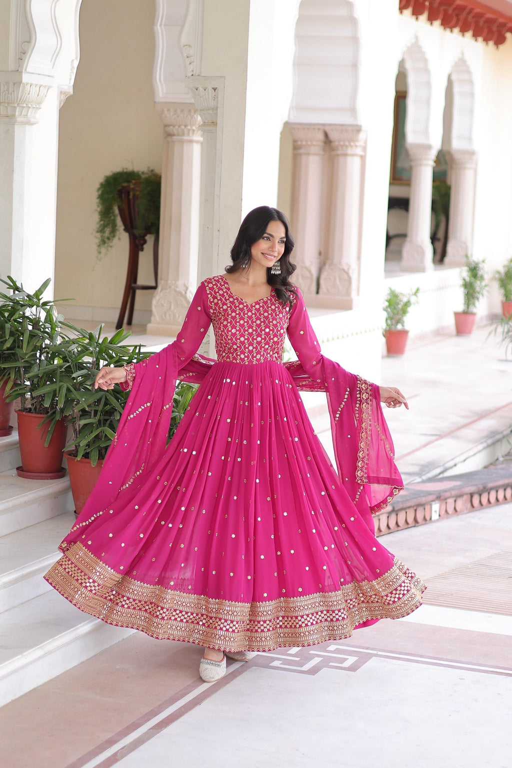 Prazu Fashion Rani Pink Georgette Rich Sequins & Zari Embroidered Gown With Dupatta | Grocsy