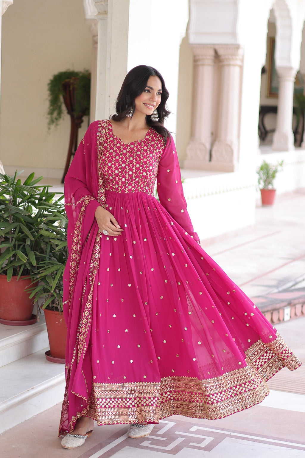 Prazu Fashion Rani Pink Georgette Rich Sequins & Zari Embroidered Gown With Dupatta | Grocsy