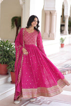Prazu Fashion Rani Pink Georgette Rich Sequins & Zari Embroidered Gown With Dupatta | Grocsy