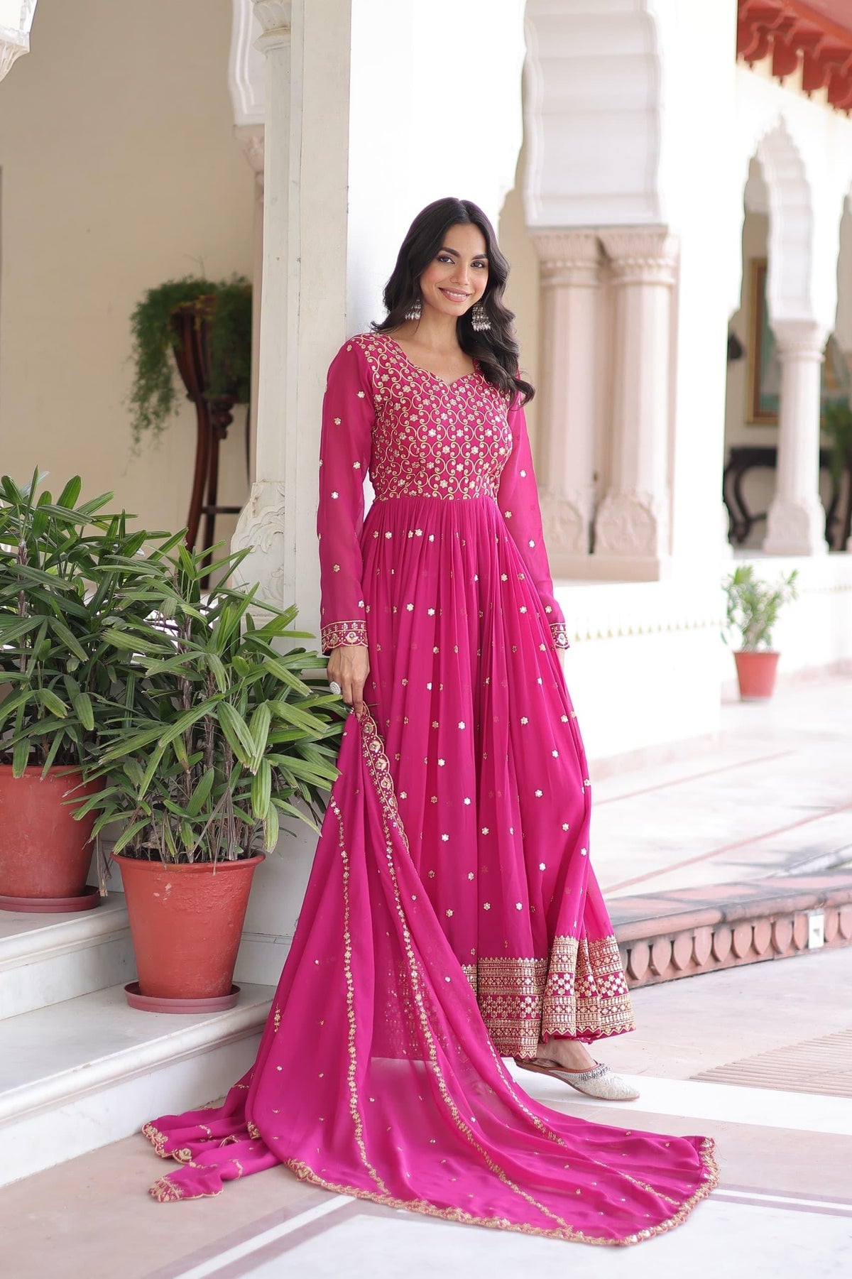 Prazu Fashion Rani Pink Georgette Rich Sequins & Zari Embroidered Gown With Dupatta | Grocsy