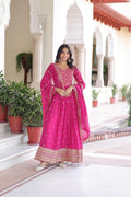 Prazu Fashion Rani Pink Georgette Rich Sequins & Zari Embroidered Gown With Dupatta | Grocsy